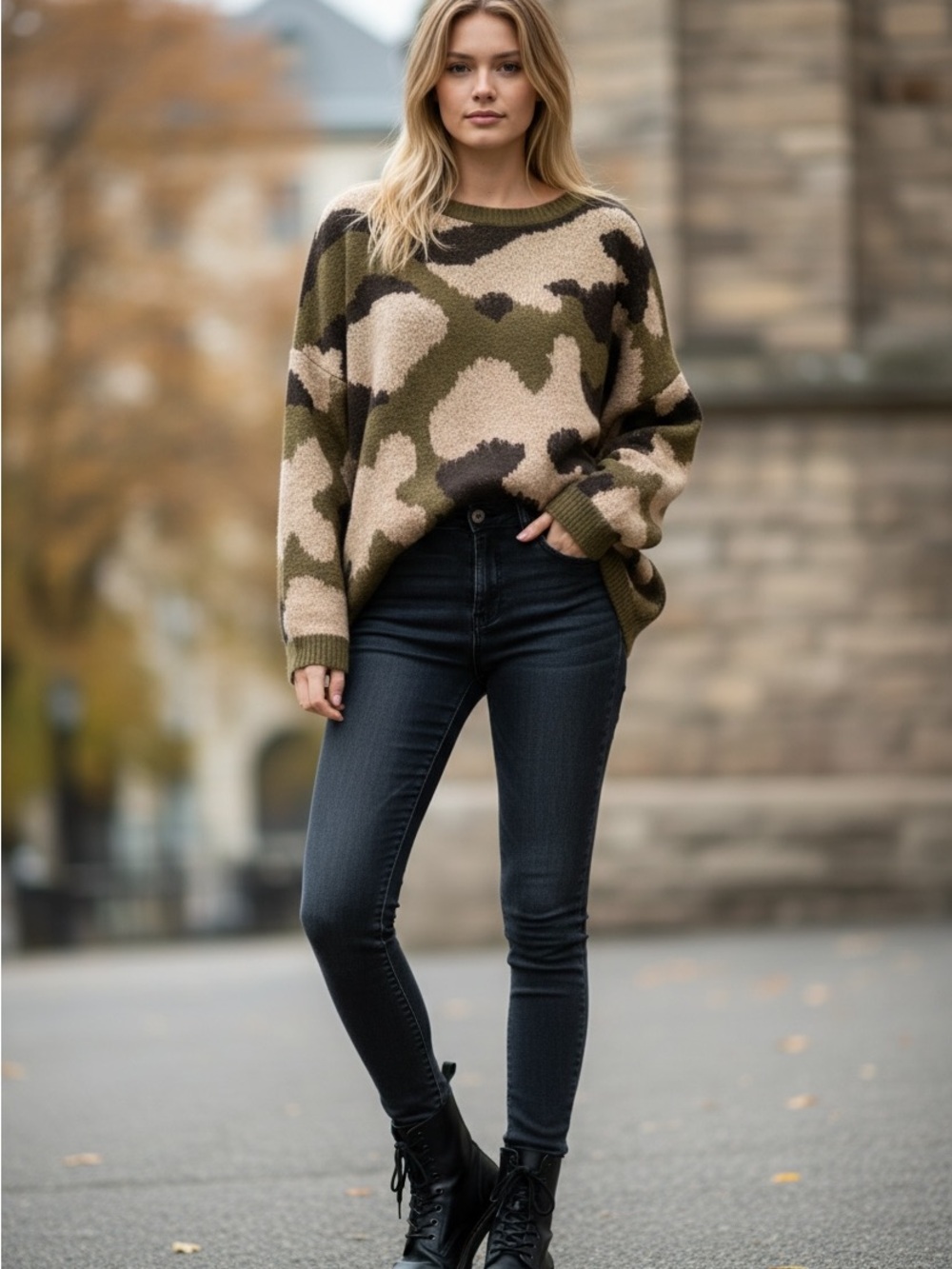 She + Sky Olive and Beige Camouflage Sweater One Size